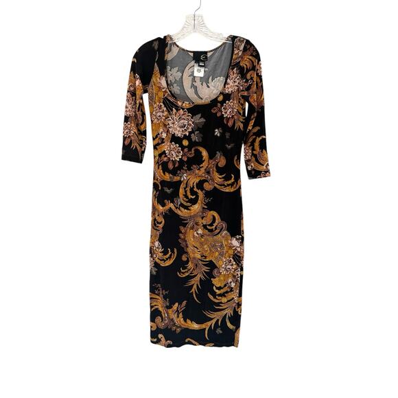 Roberto Cavalli Just Cavalli Black‎ Gold Floral Stretch Scoop Neck Dress Size 4 - Picture 1 of 12